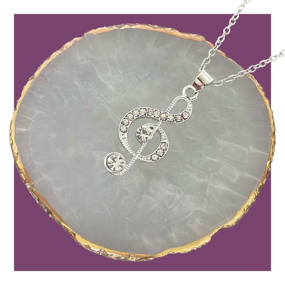 Musical Note Necklace Silver Plated Rhinestone Treble Clef Pendant & Cable Chain - Picture 1 of 7